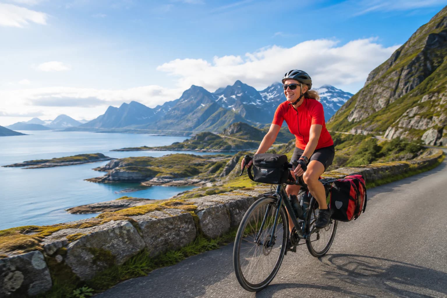 Een vrouw fietst doelgericht over een kustweg langs een fjord