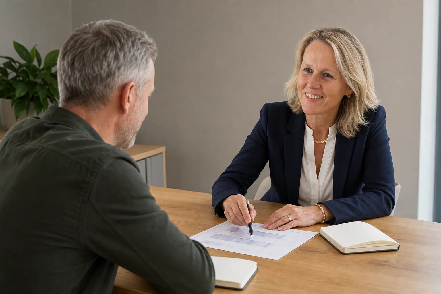 Astrid bespreekt een persoonlijk leefstijlplan met een medewerker aan de overlegtafel
