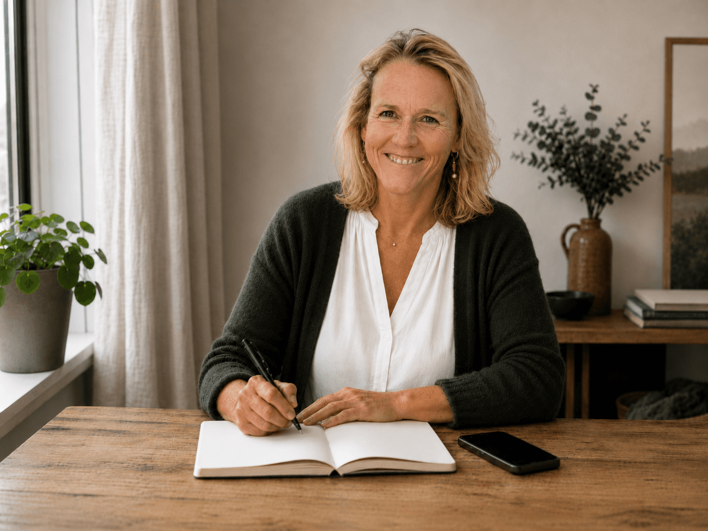 Portret van Astrid Sanders in de buitenlucht aan zee