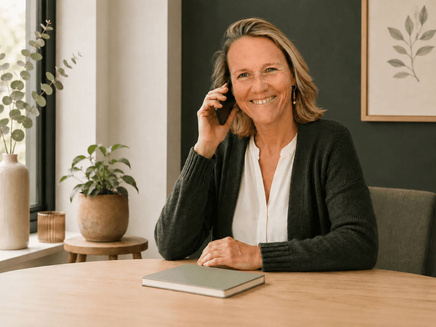 Astrid Sanders voert een persoonlijk telefoongesprek