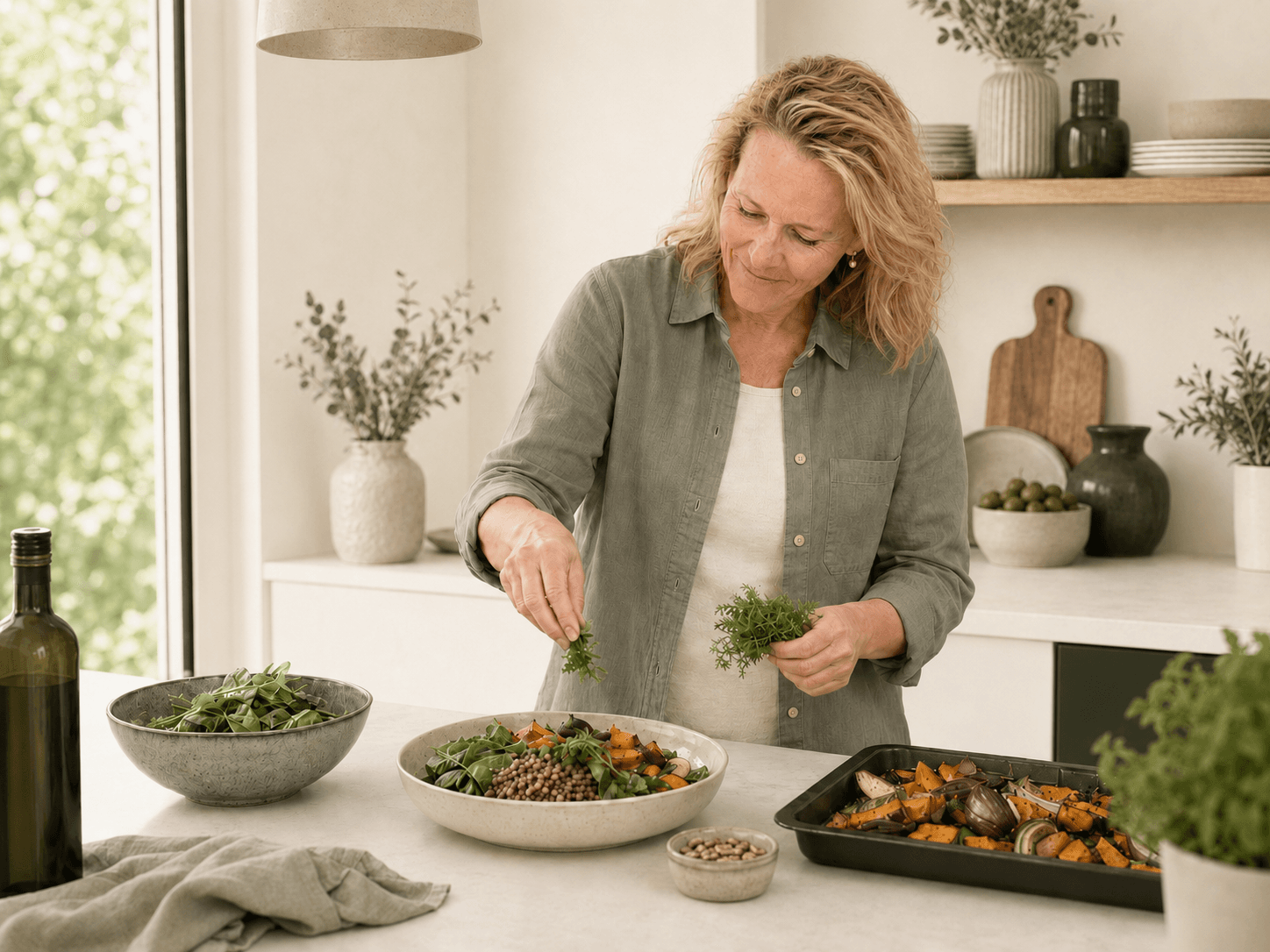 Een vrouw bereidt een kleurrijke plantaardige maaltijd in een lichte keuken
